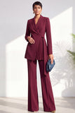 Burgundy Two Piece Shawl Lapel Pleated Long Women Suits
