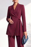 Burgundy Two Piece Shawl Lapel Pleated Long Women Suits