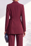 Burgundy Two Piece Shawl Lapel Pleated Long Women Suits