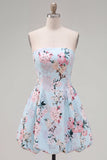 Pink Satin Strapless A-Line Floral Cocktail Dress with Lace Up Back