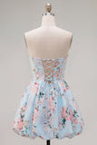 Pink Satin Strapless A-Line Floral Cocktail Dress with Lace Up Back