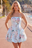 Pink Satin Strapless A-Line Floral Cocktail Dress with Lace Up Back