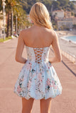 Pink Satin Strapless A-Line Floral Cocktail Dress with Lace Up Back