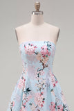 Pink Satin Strapless A-Line Floral Cocktail Dress with Lace Up Back