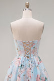 Pink Satin Strapless A-Line Floral Cocktail Dress with Lace Up Back