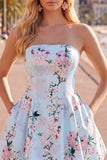 Pink Satin Strapless A-Line Floral Cocktail Dress with Lace Up Back