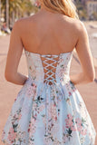 Pink Satin Strapless A-Line Floral Cocktail Dress with Lace Up Back