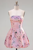 Pink Satin Strapless A-Line Floral Cocktail Dress with Lace Up Back
