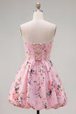 Pink Satin Strapless A-Line Floral Cocktail Dress with Lace Up Back