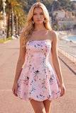 Pink Satin Strapless A-Line Floral Cocktail Dress with Lace Up Back