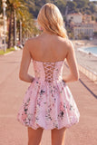 Pink Satin Strapless A-Line Floral Cocktail Dress with Lace Up Back