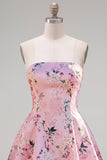 Pink Satin Strapless A-Line Floral Cocktail Dress with Lace Up Back