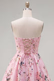 Pink Satin Strapless A-Line Floral Cocktail Dress with Lace Up Back