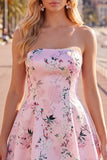 Pink Satin Strapless A-Line Floral Cocktail Dress with Lace Up Back