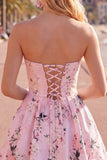 Pink Satin Strapless A-Line Floral Cocktail Dress with Lace Up Back