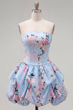 Strapless Blue A-Line Satin Floral Homecoming Dress with Lace Up Back