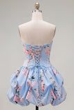Strapless Blue A-Line Satin Floral Homecoming Dress with Lace Up Back