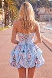 Strapless Blue A-Line Satin Floral Homecoming Dress with Lace Up Back
