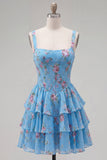 Blue Chiffon Corset Tiered Floral A-Line Square Neck Short Cocktail Dress