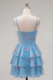 Blue Chiffon Corset Tiered Floral A-Line Square Neck Short Cocktail Dress