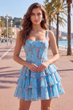 Blue Chiffon Corset Tiered Floral A-Line Square Neck Short Cocktail Dress