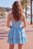 Blue Chiffon Corset Tiered Floral A-Line Square Neck Short Cocktail Dress