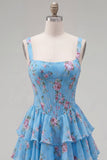Blue Chiffon Corset Tiered Floral A-Line Square Neck Short Cocktail Dress