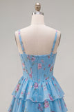 Blue Chiffon Corset Tiered Floral A-Line Square Neck Short Cocktail Dress
