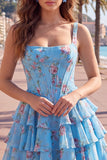 Blue Chiffon Corset Tiered Floral A-Line Square Neck Short Cocktail Dress
