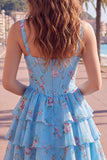 Blue Chiffon Corset Tiered Floral A-Line Square Neck Short Cocktail Dress