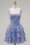 Blue Chiffon Corset Tiered Floral A-Line Square Neck Short Cocktail Dress