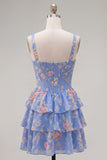 Blue Chiffon Corset Tiered Floral A-Line Square Neck Short Cocktail Dress