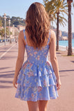 Blue Chiffon Corset Tiered Floral A-Line Square Neck Short Cocktail Dress