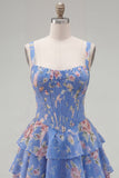 Blue Chiffon Corset Tiered Floral A-Line Square Neck Short Cocktail Dress