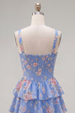 Blue Chiffon Corset Tiered Floral A-Line Square Neck Short Cocktail Dress
