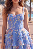 Blue Chiffon Corset Tiered Floral A-Line Square Neck Short Cocktail Dress