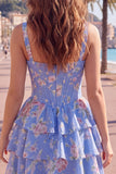 Blue Chiffon Corset Tiered Floral A-Line Square Neck Short Cocktail Dress