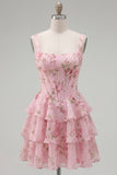 Blue Chiffon Corset Tiered Floral A-Line Square Neck Short Cocktail Dress