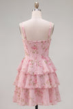 Blue Chiffon Corset Tiered Floral A-Line Square Neck Short Cocktail Dress