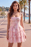 Blue Chiffon Corset Tiered Floral A-Line Square Neck Short Cocktail Dress