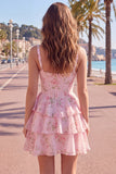 Blue Chiffon Corset Tiered Floral A-Line Square Neck Short Cocktail Dress