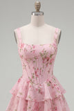 Blue Chiffon Corset Tiered Floral A-Line Square Neck Short Cocktail Dress