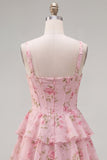 Blue Chiffon Corset Tiered Floral A-Line Square Neck Short Cocktail Dress