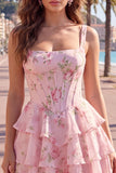 Blue Chiffon Corset Tiered Floral A-Line Square Neck Short Cocktail Dress