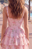 Blue Chiffon Corset Tiered Floral A-Line Square Neck Short Cocktail Dress