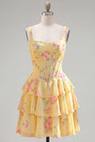 Blue Chiffon Corset Tiered Floral A-Line Square Neck Short Cocktail Dress