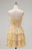 Blue Chiffon Corset Tiered Floral A-Line Square Neck Short Cocktail Dress