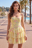 Blue Chiffon Corset Tiered Floral A-Line Square Neck Short Cocktail Dress