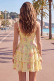 Blue Chiffon Corset Tiered Floral A-Line Square Neck Short Cocktail Dress