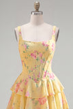 Blue Chiffon Corset Tiered Floral A-Line Square Neck Short Cocktail Dress